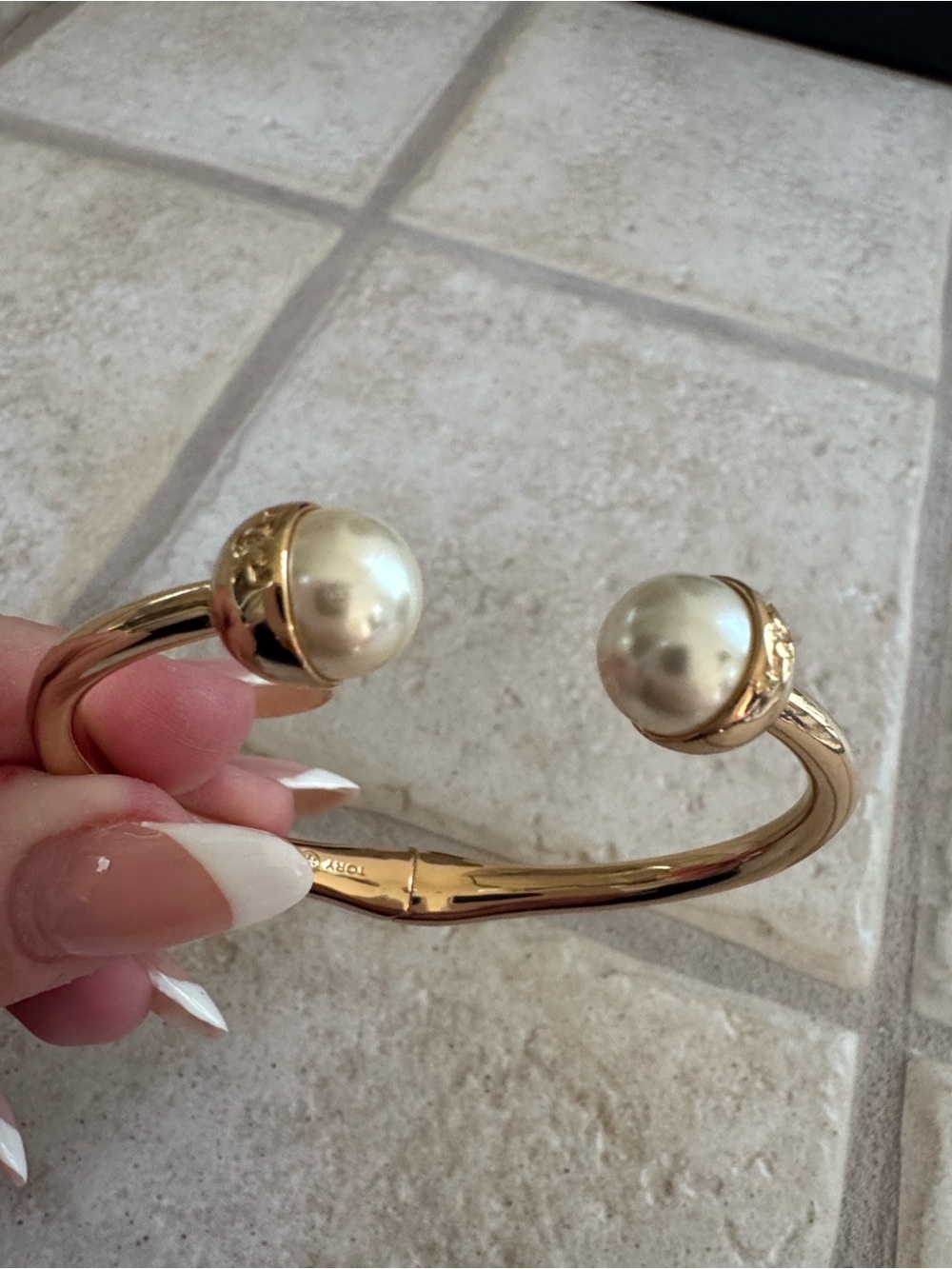 Tory Burch Logo Pearl Bead Hinged Bracelet